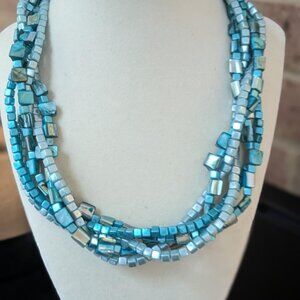 Blue Stretchable Beaded Necklace, Natural Stone Fragment Choker, Crystal Cube